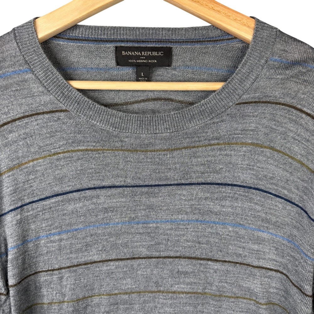 Banana Republic Mens‎ Large Gray 100% Merino Wool Striped Crew Neck Sweater